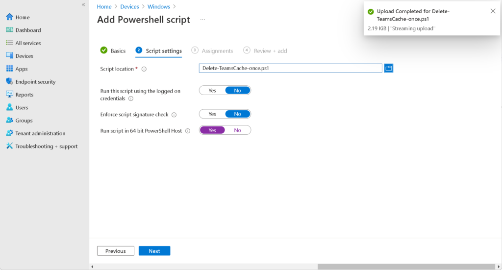 Assigning Teams cache cleanup PowerShell script to groups in Intune
